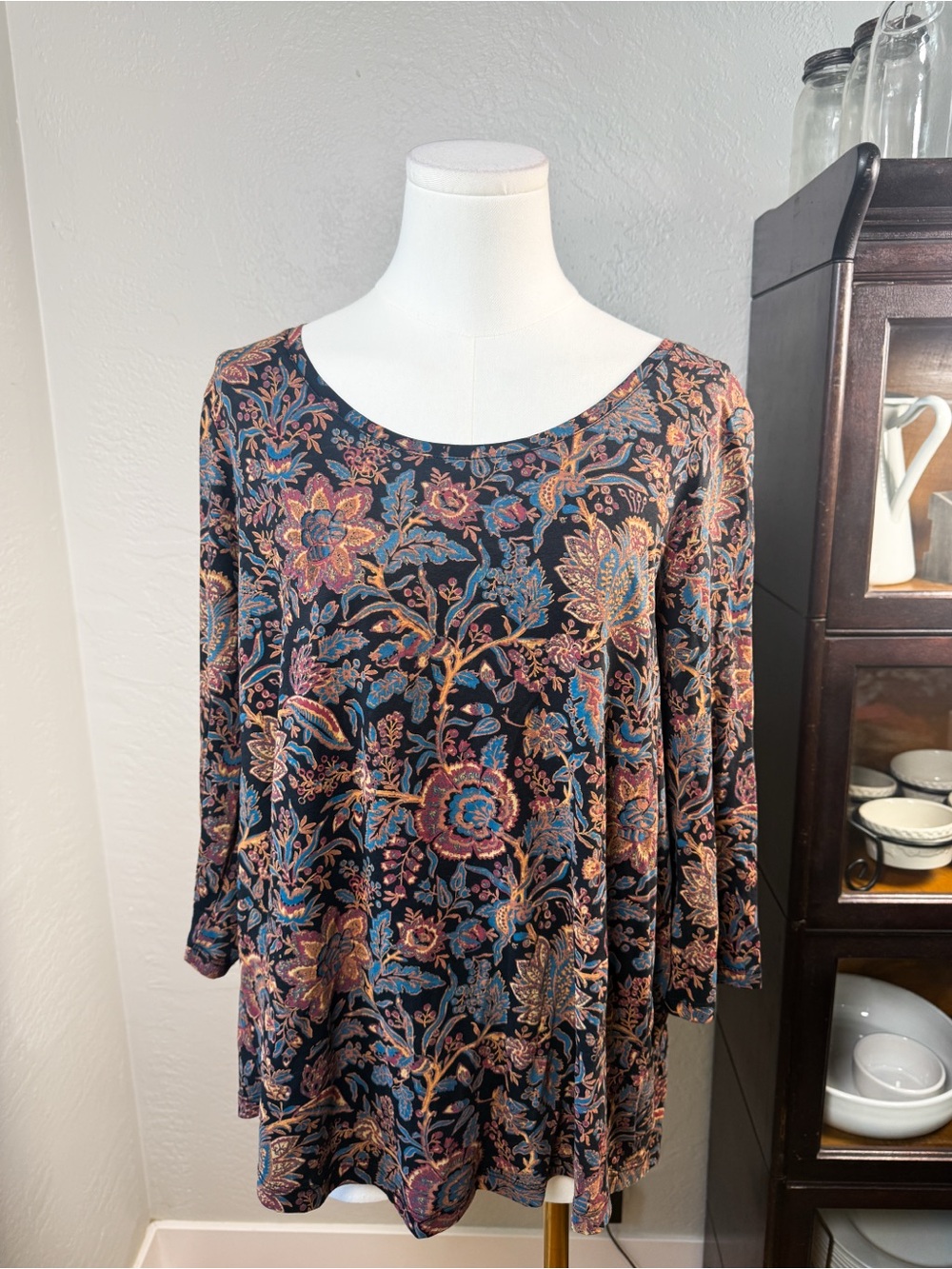Peruvian Connection Pima Cotton Floral Tunic Top 3/4 Sleeve Size L